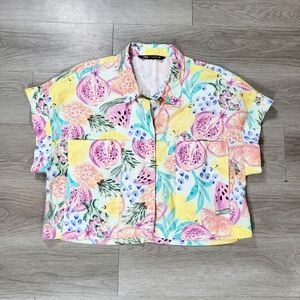Zara Tripical Fruit Print Button Up Cotton Shirt Size XXL